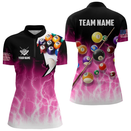 Pink Billiard Jersey For Women Custom Thunder Lightning 3D Pool Balls Team Jersey Polo & 1/4 Zip TDM4562