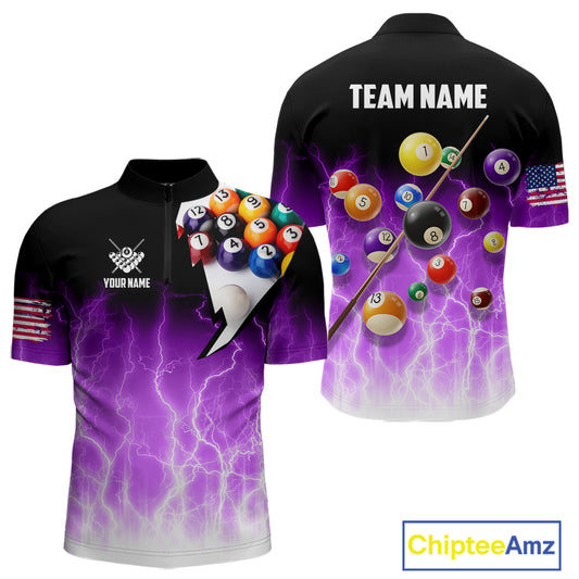 Purple Billiard Jersey For Men Custom Thunder Lightning 3D Pool Balls Team Jersey Polo & 1/4 Zip TDM4563