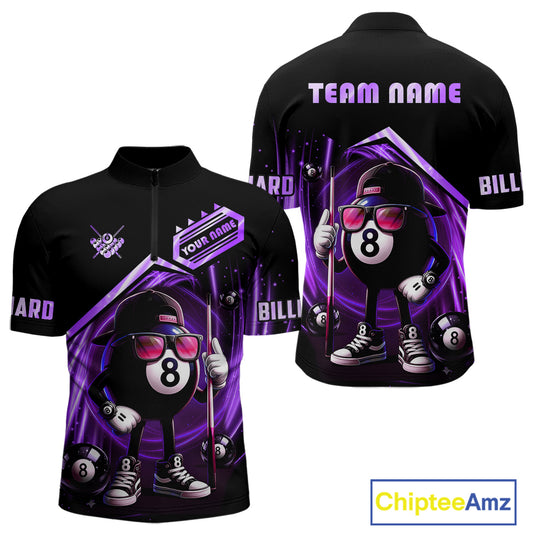 Purple Funny 8 Ball Billiard Shirt For Men Custom Pool Team Shirt, Billiard Jersey Polo & 1/4 Zip TDM5207