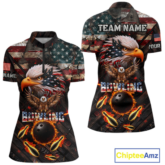 Vintage American Flag Bowling Shirt For Women Custom Eagle Bowling Team Jersey Polo & 1/4 Zip TDM6107