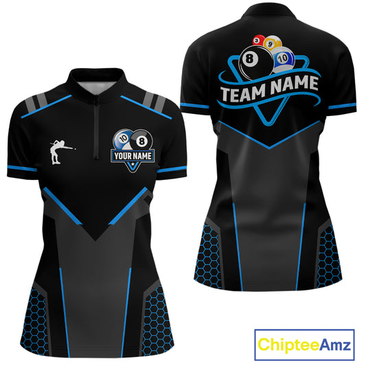Personalized 8 Ball & 10 Ball Pool Billiard Polo, 1/4 Zip For Women Custom Team Billiard Jersey TDM4050