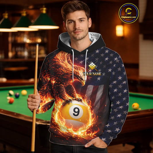 American Flag Flame 9 Ball Eagle Billiard Hoodie For Men And Women Custom 9 Ball Hoodie Team Jersey TDM5788