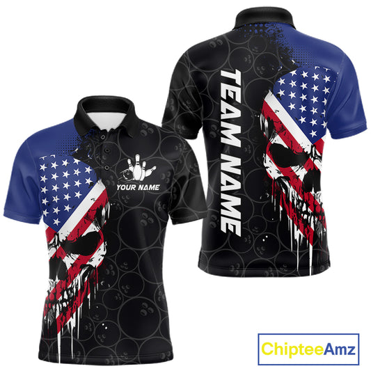 Custom American Flag Skull Bowling Jersey For Men, Patriotic Bowling Team Shirt Polo & 1/4 Zip TDM6389