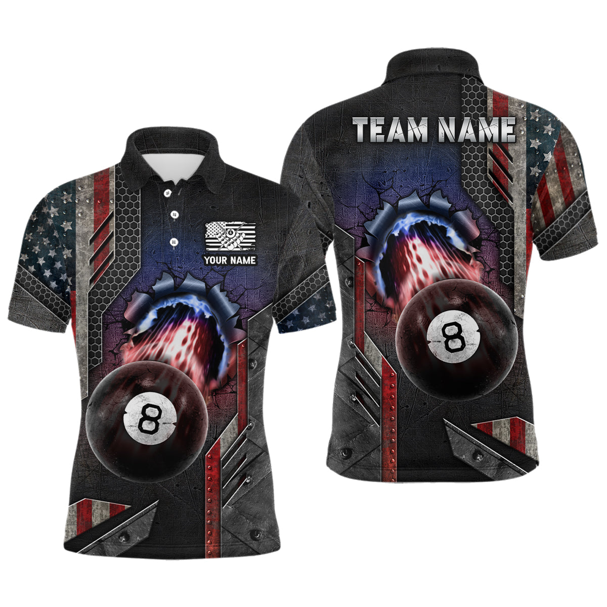 Billiard Ball 8 American Flag Personalized Name 3D Polo Shirts For Men, Patriotic Billiard Shirts TDM0189