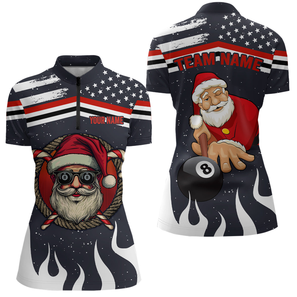 Personalized Funny Christmas Santa And Billiard Custom US Flag Fire Women Quarter-Zip Shirts TDM0617