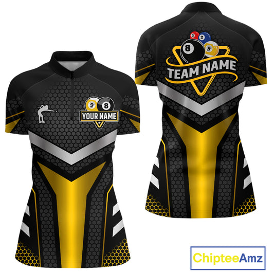 Personalized Billiard 8 Ball & 9 Ball Pool Polo, 1/4 Zip For Women Custom Team Billiard Jersey|Yellow TDM4255