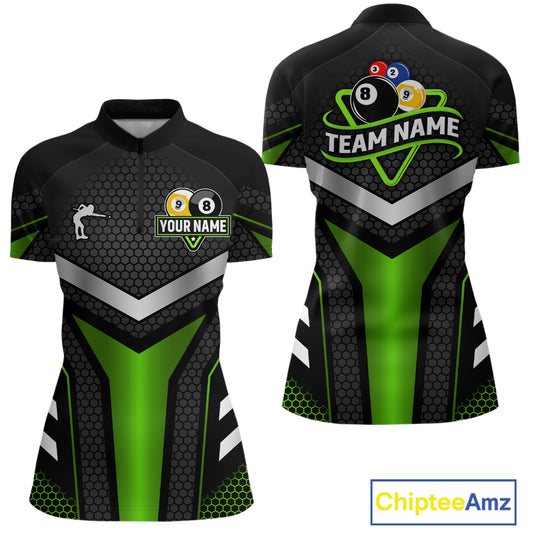 Personalized Billiard 8 Ball & 9 Ball Pool Polo, 1/4 Zip For Women Custom Team Billiard Jersey|Green TDM4256