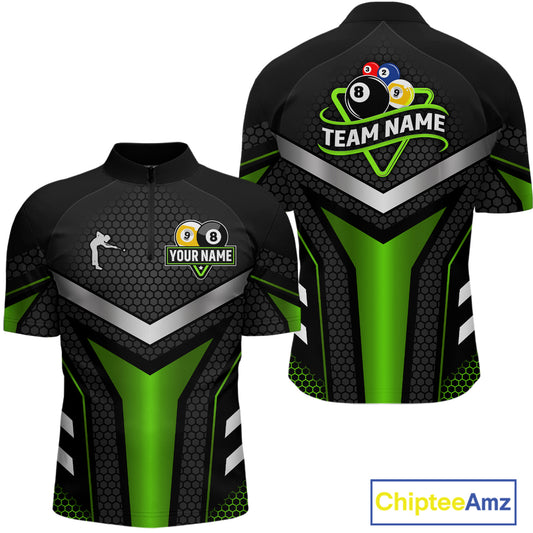 Personalized Billiard 8 Ball & 9 Ball Pool Polo, 1/4 Zip For Men Custom Team Billiard Jersey|Green TDM4256