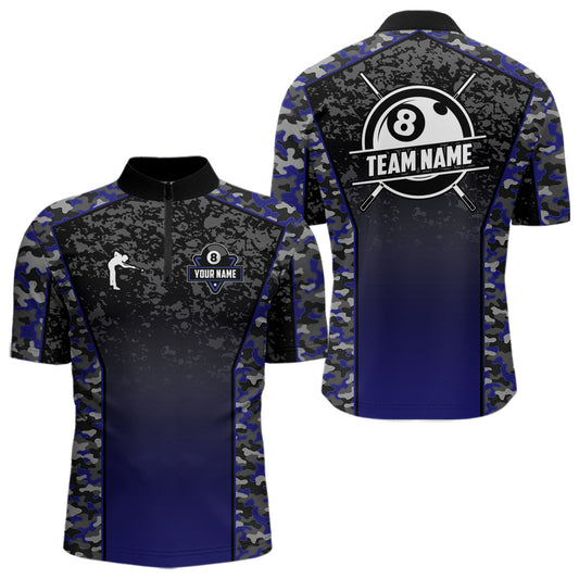 Navy Blue Camo 8 Ball Billiard Shirt For Men Custom Pool Team Shirt, Billiard Jersey Polo & 1/4 Zip TDM5580