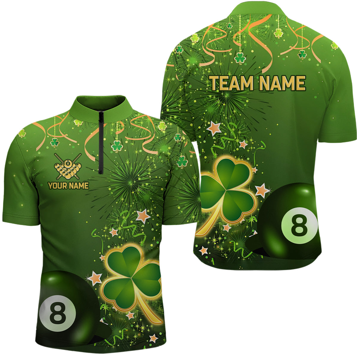 8 Ball Pool Luckiest Shamrock Men Quarter-Zip Shirt Custom St Patrick Day Billiard Shirts TDM1147