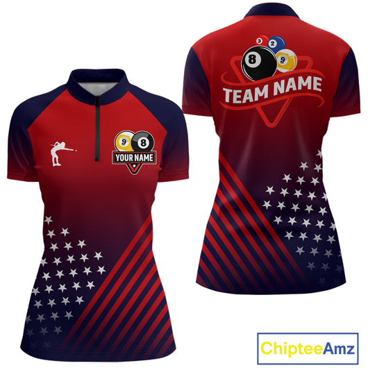 Personalized US Flag Billiard 8 Ball & 9 Ball Pool Polo, 1/4 Zip For Women, Billiard Team Jersey TDM3800