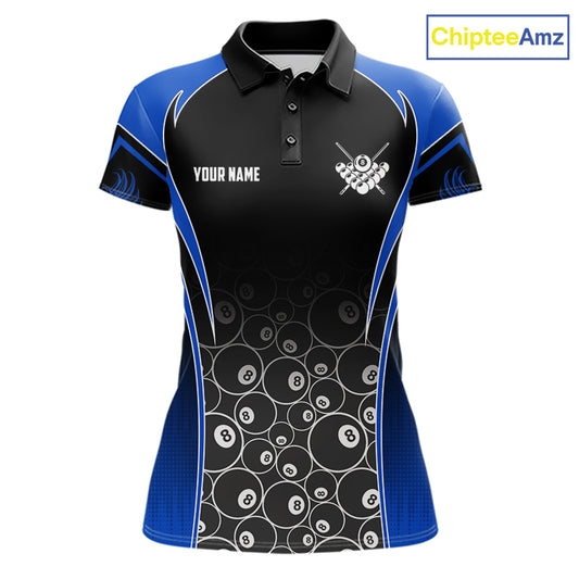 Personalized Black and Blue 8 Ball Wings Billiard Polo Shirt for Women Featuring Striking Winged 8 Ball Artwork for Pool League Players, Team Competition, and Tournament Events
