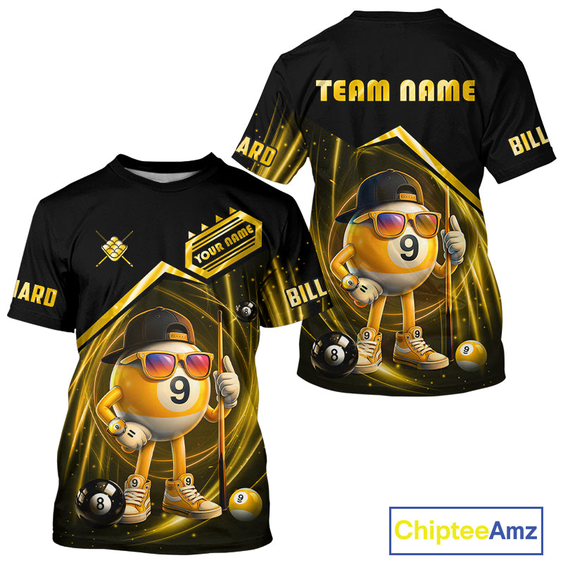 Yellow Funny 9 Ball Billiard T-Shirt For Men Custom Pool Team Shirt, Billiard League Jersey TDM5835