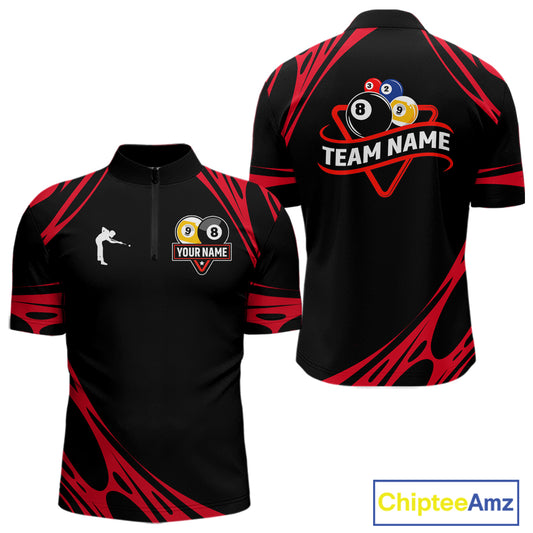 Personalized 8 Ball & 9 Ball Pool Billiard Polo, 1/4 Zip For Men Custom Team Billiard Jersey |Red TDM5601