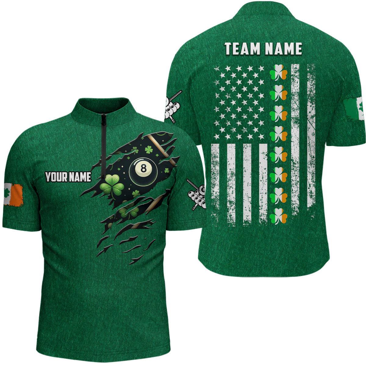 St Patrick's Day US Flag Custom Men Billiard Quarter-Zip Green Patrick Billiards Shirts TDM1029