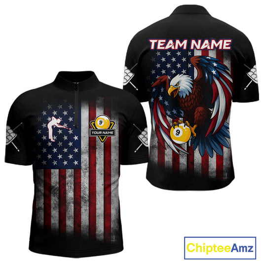 Grunge American Flag Eagle 9 Ball Billiard Polo & 1/4 Zip Custom Men's Patriotic Pool Team Jersey TDM4516