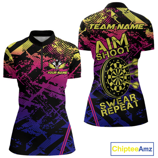 Purple Pink Yellow Grunge Aim Shoot Swear Repeat Dart Shirt For Women Custom Funny Darts Team Jersey TDM4034