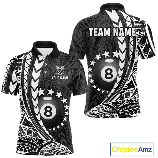 Custom black and white 8 ball pool tribal billiard team jersey polo shirt for men featuring detailed tribal artwork, premium custom pool league apparel for tournaments, league matches and competitive billiard teams.