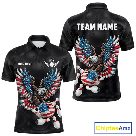 Personalized American Flag Eagle Bowling Polo & 1/4 Zip For Men, Patriotic Bowling Team Jersey TDM6098
