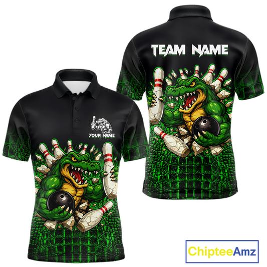 Black And Green Funny Alligator Bowling Shirt For Men Custom Bowling Jersey Team Polo & 1/4 Zip TDM5818