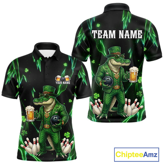 Custom Green St Patricks Alligator Bowling Shirt For Men, Lucky Bowling Team Jersey Polo & 1/4 Zip TDM6266