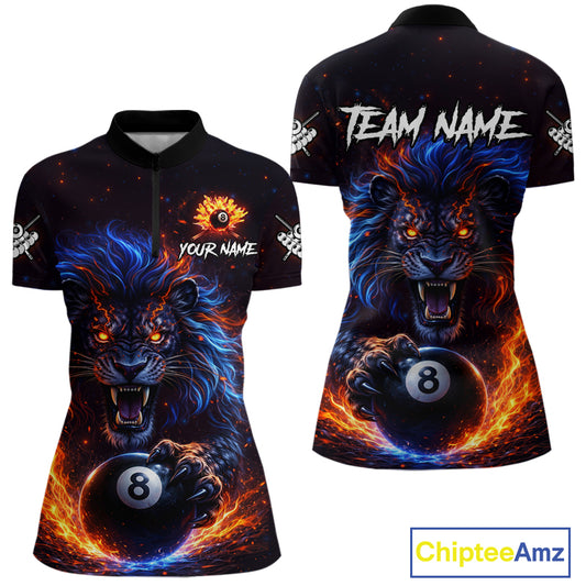 Personalized Billiard Fire Lion 8 Ball Pool Shirt For Women, Billiard Team Jersey Polo & 1/4 Zip TDM5660