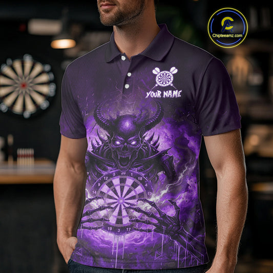 Custom Purple Flames Skeleton Grunge Dartboard Men Darts Polo Shirt Horror Dart Jerseys NYN1898