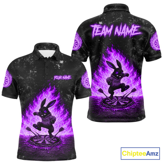 Crazy Rabbit Fire Flame Men's Darts Polo Shirt Mockup, Purple Dart League Jersey, Personalized Tournament Shirt