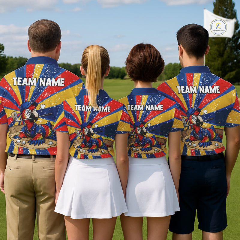 Personalized golf team wearing matching colorful parrot golf polos during tournaments and golf outings. S