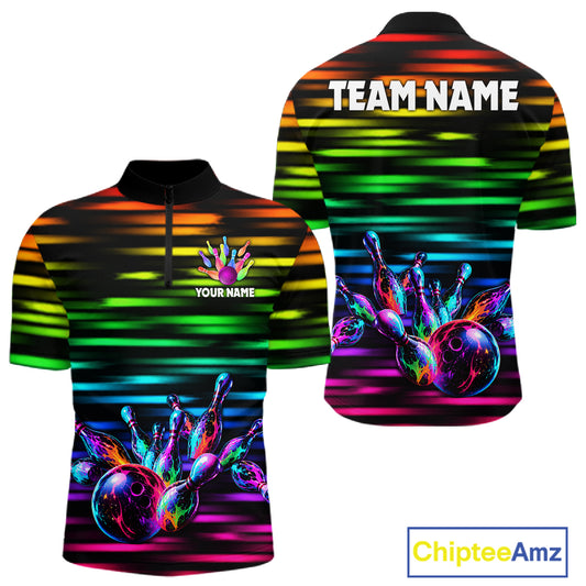 Colorful Splatter Paint Bowling Shirt For Men Custom Rainbow Strike Lightning Team Bowling Attire NYN3229