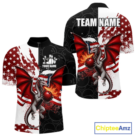 US Flag Men Bowling Shirt Custom Patriotic Dragon Flame Bowling 1/4-Zip
Jersey