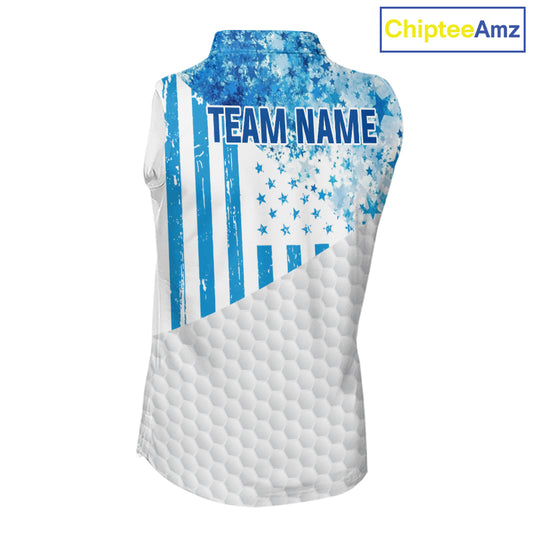White And Blue American Flag Sleeveless Golf Polos Shirts For Women Custom Patriotic Golf Attire NYN2913