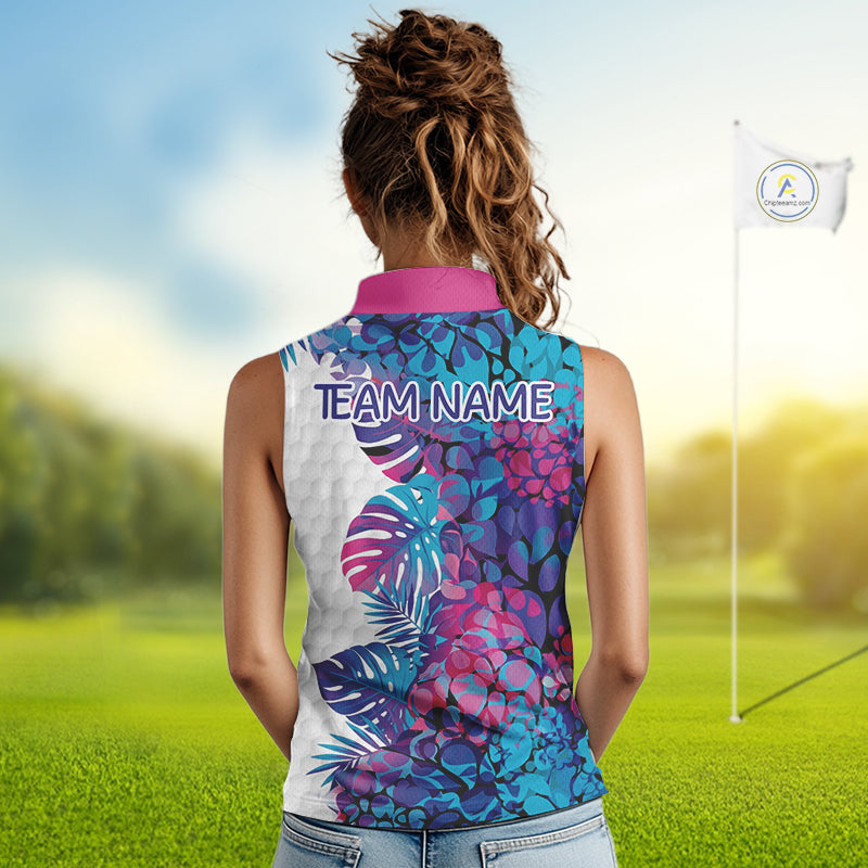 Women Golf Clothing Monstera Pattern Floral Sleeveless Golf Shirt Custom Women White Golf Polo Best Golf Gifts NYN2936