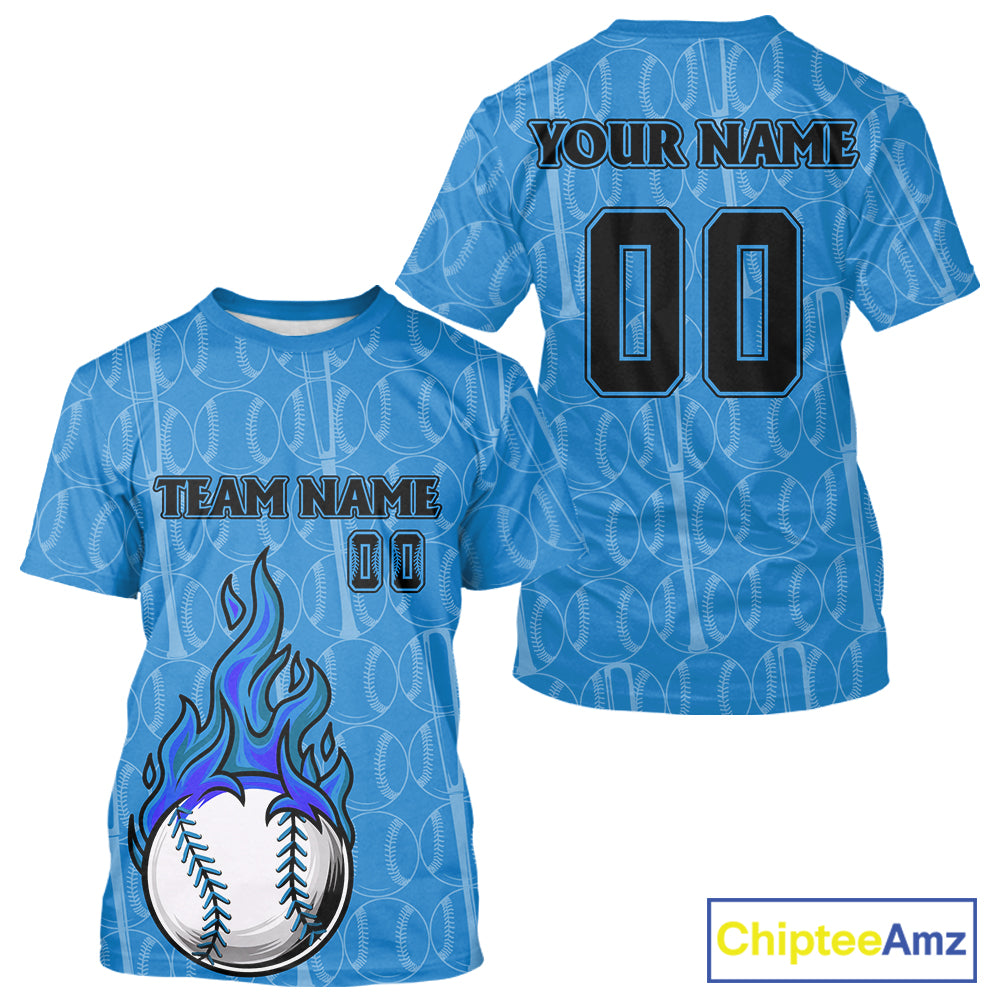 Custom Blue Flames Baseball Ball T-Shirt For Men Personalized Youth Baseball Shirt NYN0900