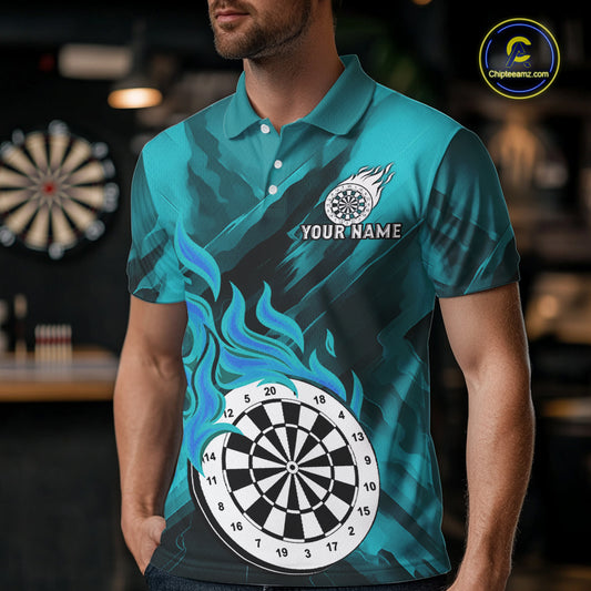 Custom Turquoise Flaming White Dartboard Dart Polo Shirt For Men Outfits Dart Jerseys NYN1611