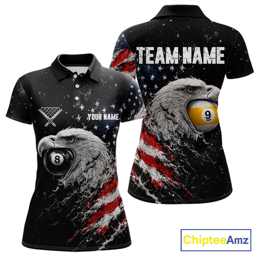 Custom US Flag Eagle women's 8 Ball & 9 Ball billiard polo featuring patriotic American flag, soaring eagle and cue ball graphics, personalized pool team jersey, league apparel, cue sports performance shirt, veterans tournament uniform, moisture-wicking athletic polo
