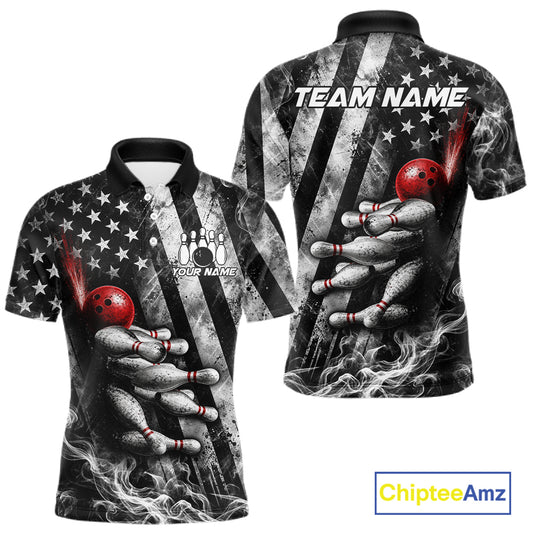 Smoke US Flag Patriotic Bowling Shirt For Men Custom Red Grunge Strike Bowling Team Jerseys NYN4062