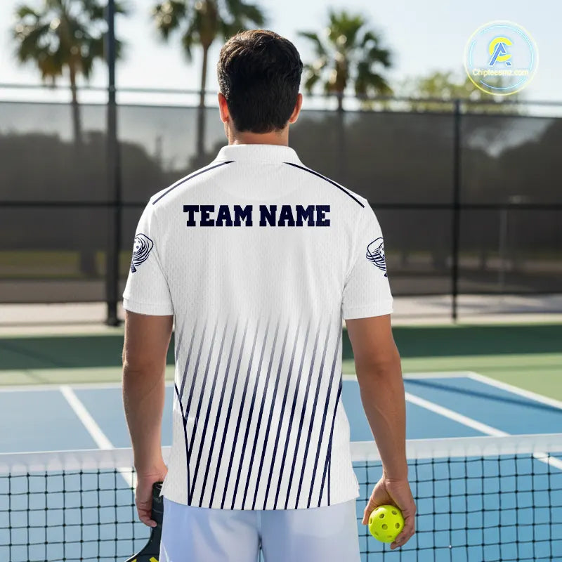 Custom White And Blue Stripes Pickleball League Jerseys Men Pickleball Paddle Team Shirts NYN2162