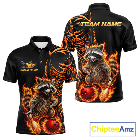 Personalized Flame Raccoon Funny Bowling Shirts For Men, Orange Tribal Bowling Shirts Team Uniform NYN4077