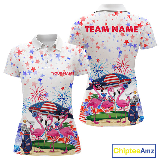 Women's patriotic golf polo mockup featuring American Flag and pink flamingo artwork, custom golf apparel for women's golf tournaments, 4th of July golf outings and country clubs.
