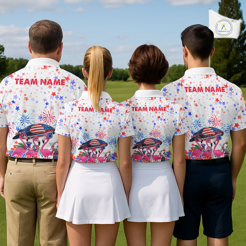 Golf team wearing matching American Flag flamingo golf polos during Independence Day tournament, personalized golf uniforms symbolizing unity, patriotism, teamwork, friendship and championship spirit.