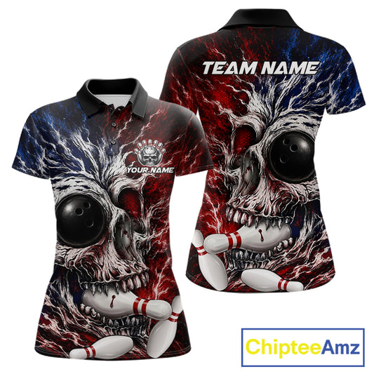 Grunge Skull Women Bowling Polo Shirt Custom Youth Bowling Team Outfits