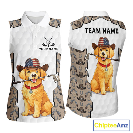 Cowboy Pattern White Golf Ball Womens Golden Golf Sleeveless Polo Shirts Custom Name Golf Gifts NYN3151