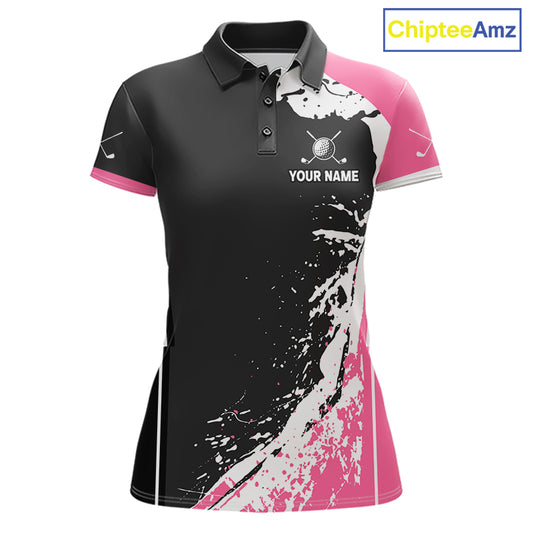 Funny Flamingo Women's Golf Polo Shirt mockup with pink splatter design, personalized golf polo, tropical golf apparel, custom golf team clothing, breathable performance golf shirt.