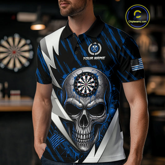 Silver Skull Blue Grunge US Flag Men Darts Polo Shirt Custom Name Dart League Jerseys NYN2063