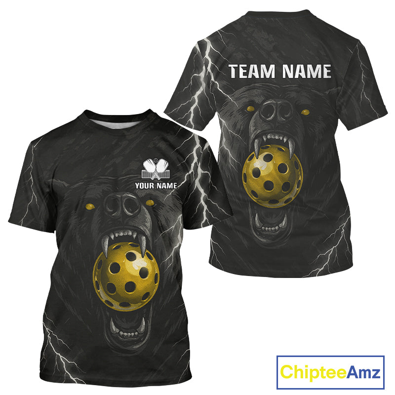 Custom Black & White Lightning Bear Pickleball T-Shirt For Men Gold Pickleball Ball Jersey NYN1345
