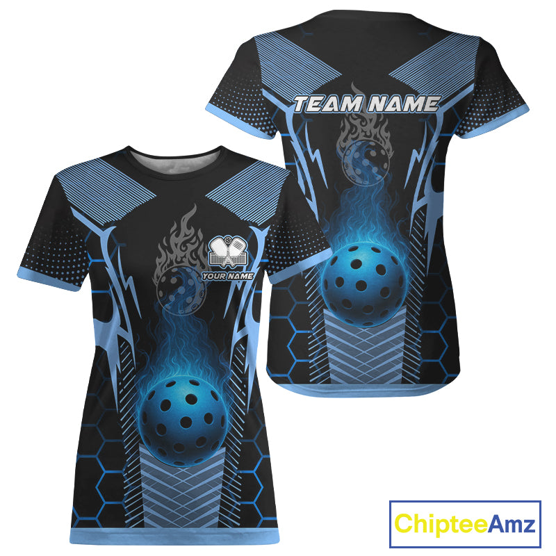 Custom Black & Blue Flaming Pickleball Ball T-Shirt For Women Outfit Pickleball Jersey NYN1347