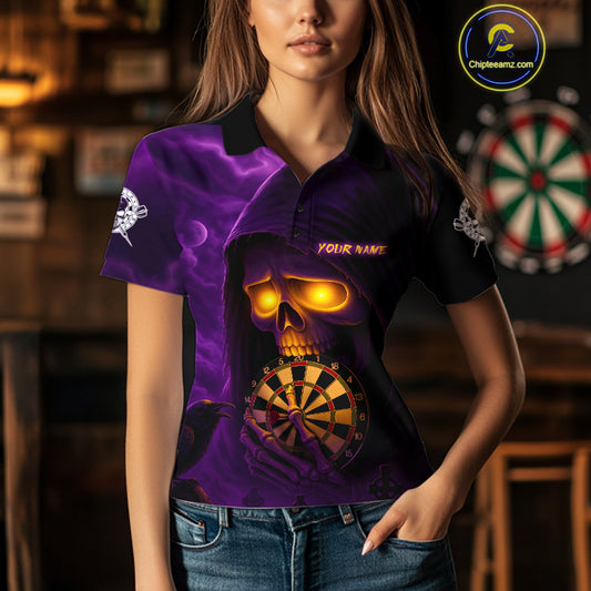 Custom Purple-Yellow Grim Reaper Halloween Women Dart Polo Shirt Dart Tournament Jersey NYN1449
