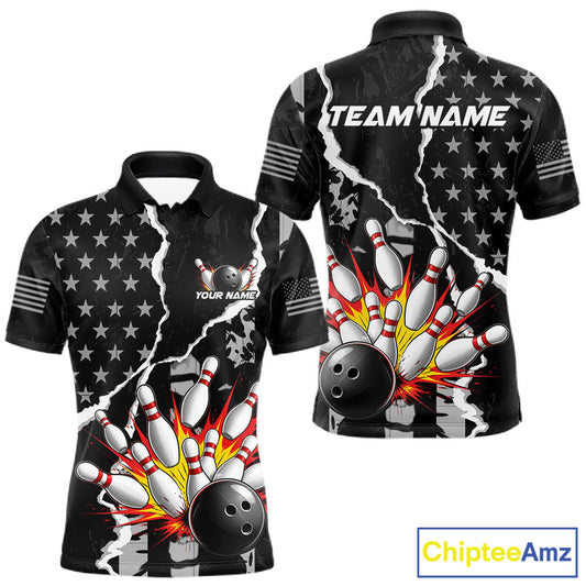Grunge Black US Flag Strike Bowling Ball & Pins Shirts For Men Custom Patriot Bowling Team Outfits NYN3186