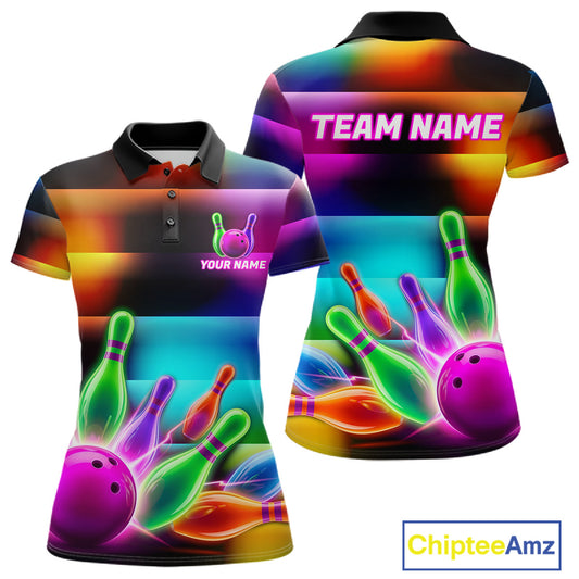 Neon light bowling team shirt for women colorful bowling ball and pins jersey